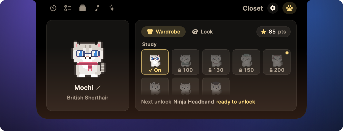 The Closet: a pixel cat with costumes and accessories to choose from