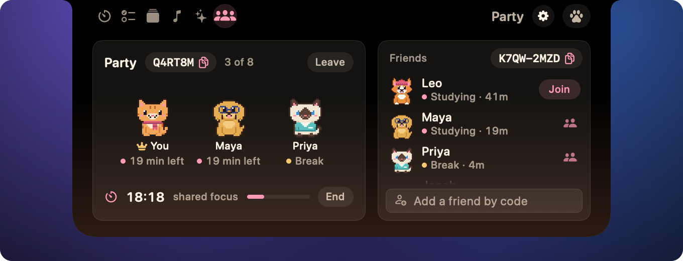 The Party tab: friends' pets sitting together with their study status
