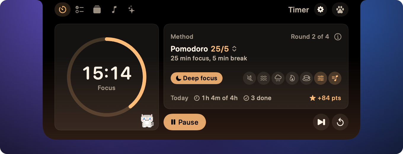 The Timer tab: a Pomodoro ring at 15:14 with focus sounds and today's total